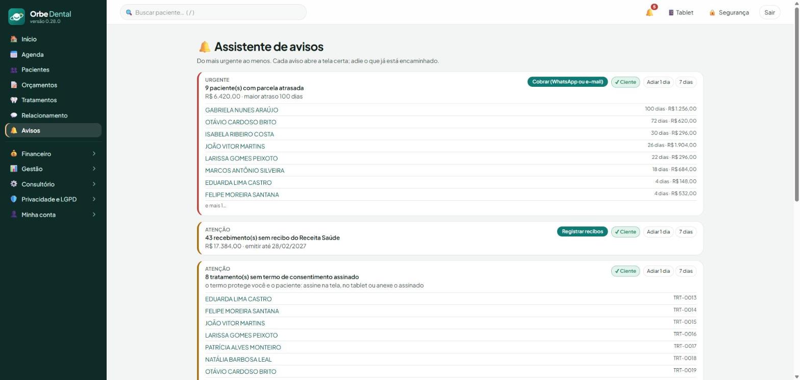 Tela do Orbe Dental: O assistente de avisos