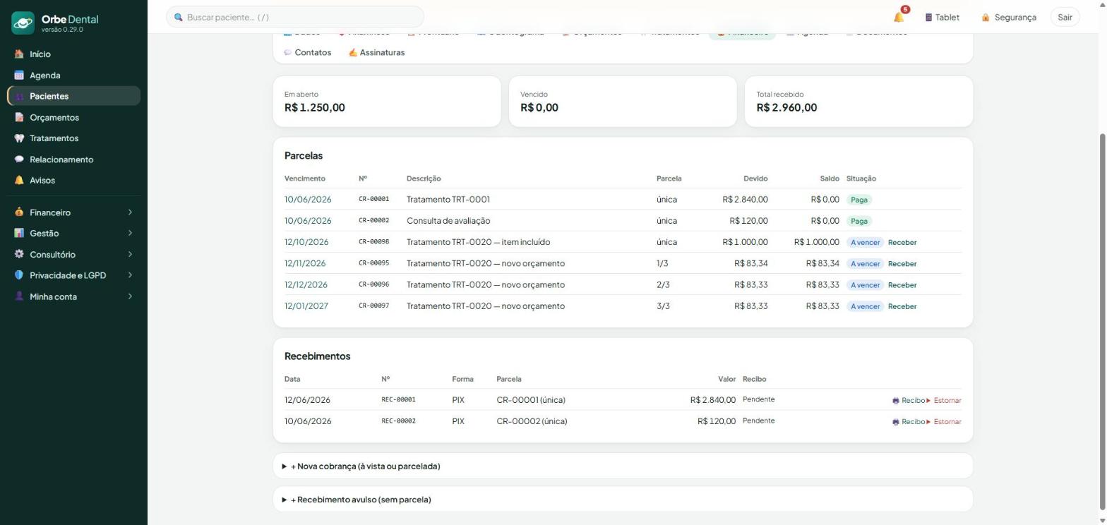 Tela do Orbe Dental: O financeiro de cada paciente